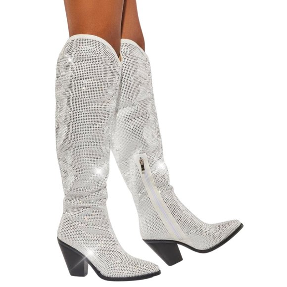 AZALEA WANG Nash Crystal Knee High Cowboy Boots White 6-10 NWT - Picture 3 of 12